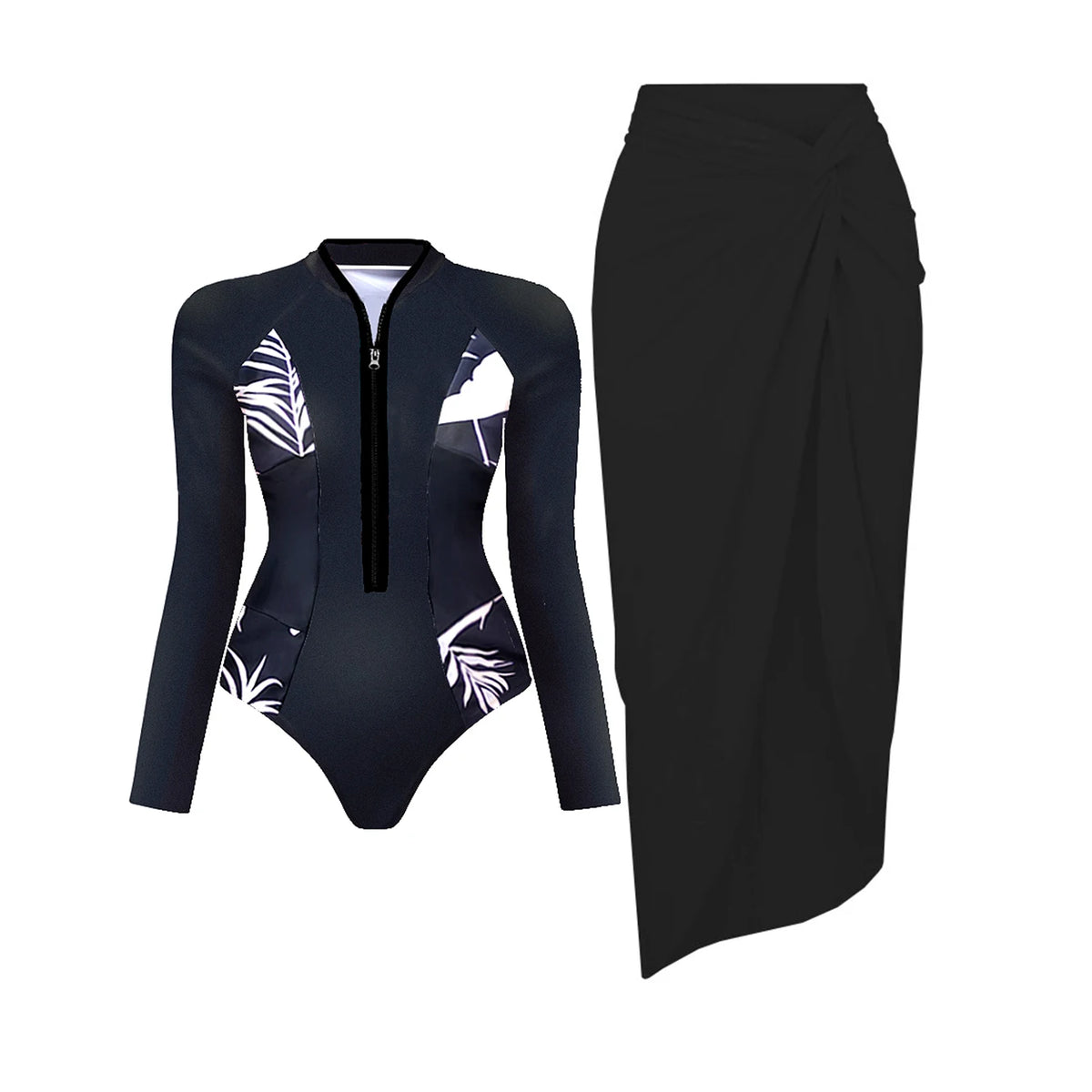 Black And Printed Long Sleeve Swimsuit With Cover Up Sexy Swimwear Women Surf Swim Suit Slimming Bathingsuit Bodysuit Beachwear