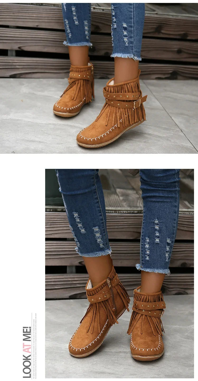 Vintage Women Boots Suede Ankle Boots Fringe Women Shoes Winter Boots Women Side Zipper Casual Shoes Ladies Snow Boot