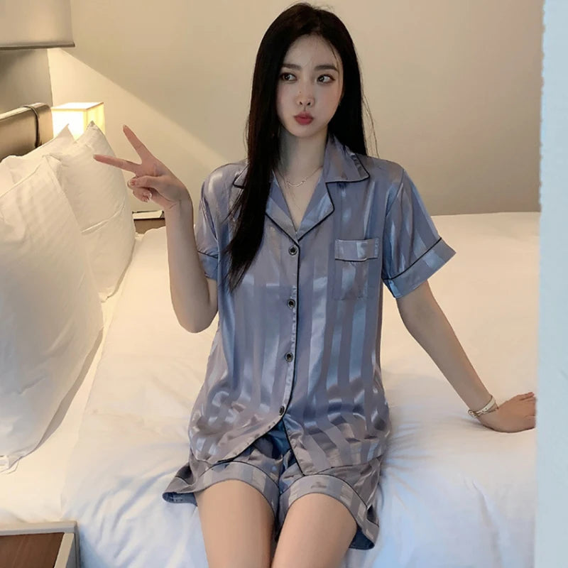 Women's Sleepwear1 Set Women's Elegant Lounge Set, Plus Size Satin Striped Button Up Long Sleeve Shirt & Pants Pajamas