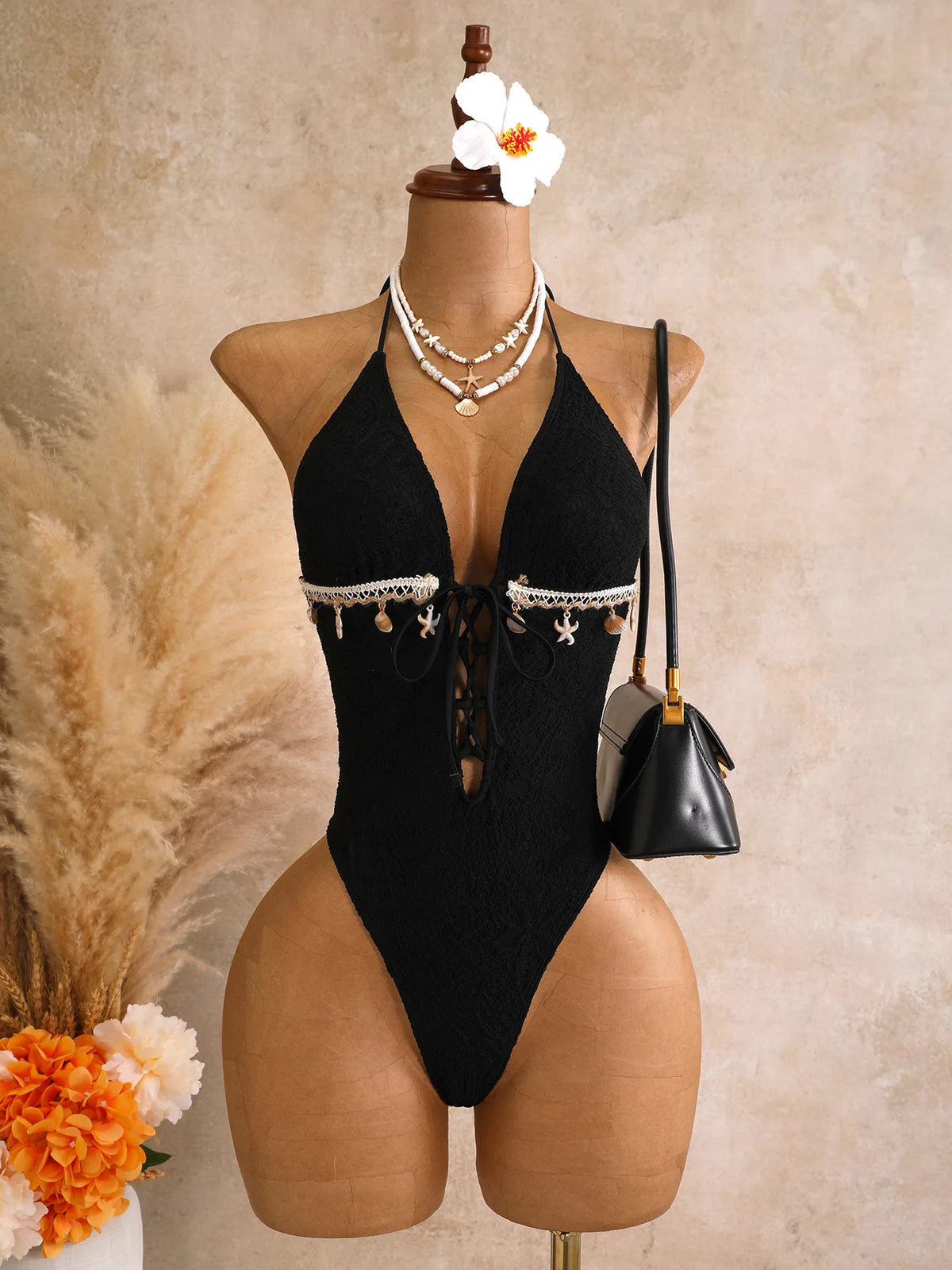 DEKA Sexy Deep V Neck Hollow Out Backless Swimwear White Shell Starfish Ornament One Piece Swimsuit Women Bathing Suit Holiday