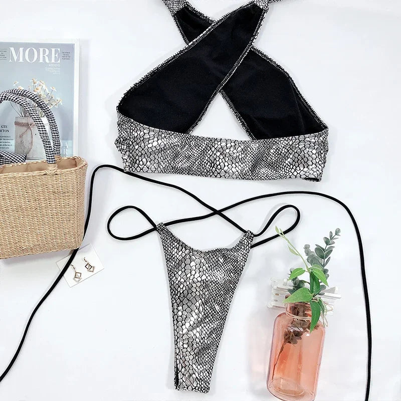 Snake Skin Mini Micro Thong Bikini Women Swimwear Female Swimsuit Two Pieces Bikini Set Halter Wrap Around Bathing Suit Swim