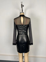 Summer Women's Slim Mini Dresses Sexy Hot Girl See Through Mesh Patchwork Leather Package Hip Short Dress Lady Club Vestidos