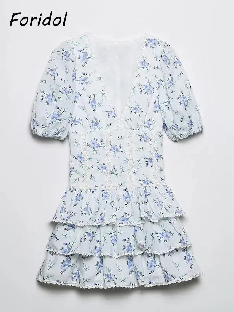 Foridol Blue Flower Print Women Tiered Mini Aummer Autumn Beach Dress Puff Sleeve Vintage Party Cotton Short Boho Lace Dress