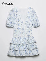 Foridol Blue Flower Print Women Tiered Mini Aummer Autumn Beach Dress Puff Sleeve Vintage Party Cotton Short Boho Lace Dress