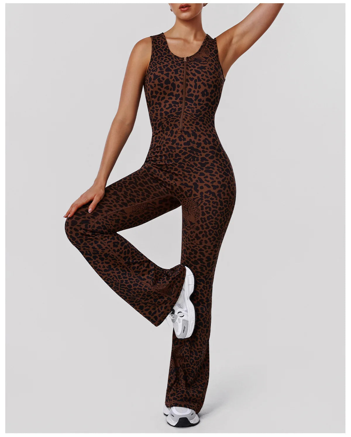 Sexy Brown Leopard Print Yoga Jumpsuit Women Hollow Out Backless Sleeveless Slim Gym Running One Piece Flare Pants Sports Suit