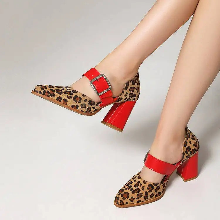 SpringAutumn New Model Fashion High Heels Nude Shoes Color Blocking Pointed Tip Buckle Leopard Print Sexy Party Women's Shoes