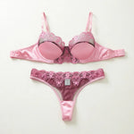 Pink satin lace lingerie set - gathered half-cup bra thong panties - date-oriented sensual women's lingerie ZA825289