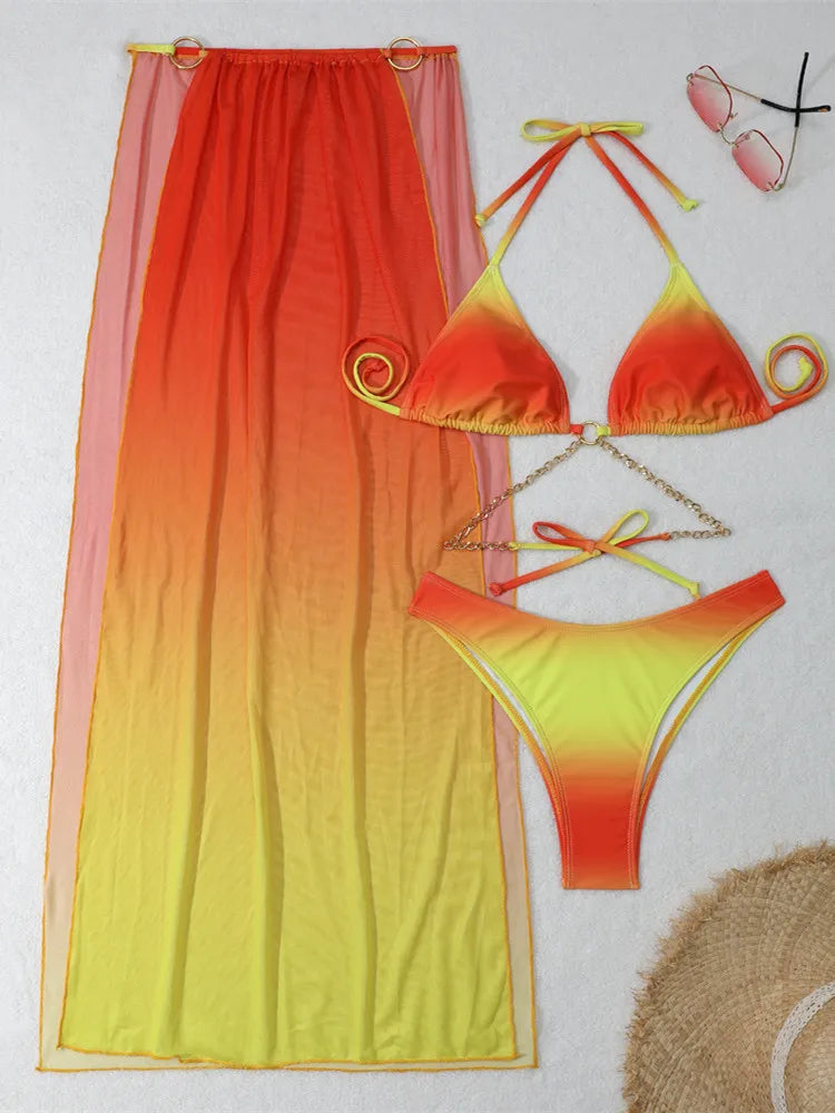 3 Pieces Thong Bikini Set 2026 Swimsuit Women & Kimono Swimwear Sexy Gradient Metal Criss Cross Bathing Suit Cover Up Bikinis