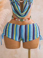 Vintage Blue Striped Knitted Cover Up 3 Piece Bikini Set 2026 Swimwear Women Push Up Bra Drawstring High Waist Shorts Swimsuit