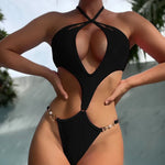 Solid Color One Piece Swimsuit Women 2026 Sexy Hollow Out Pearl Chain Bikini Halter Backless Thong Swimwear Beach Bathing Suit