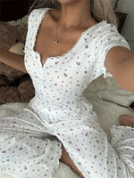Autumn Winter Floral Printed Short Sleeve Tops and Trousers Suit Women Casual Pajamas Set Comfortable Sleepwear Loungewear