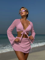 Summer 4 Piece Bikini Set 2025 Women Sexy Black Long Sleeve Cover Up and Skirt Swimsuit Beach Bathing Suit Holiday Swimwear