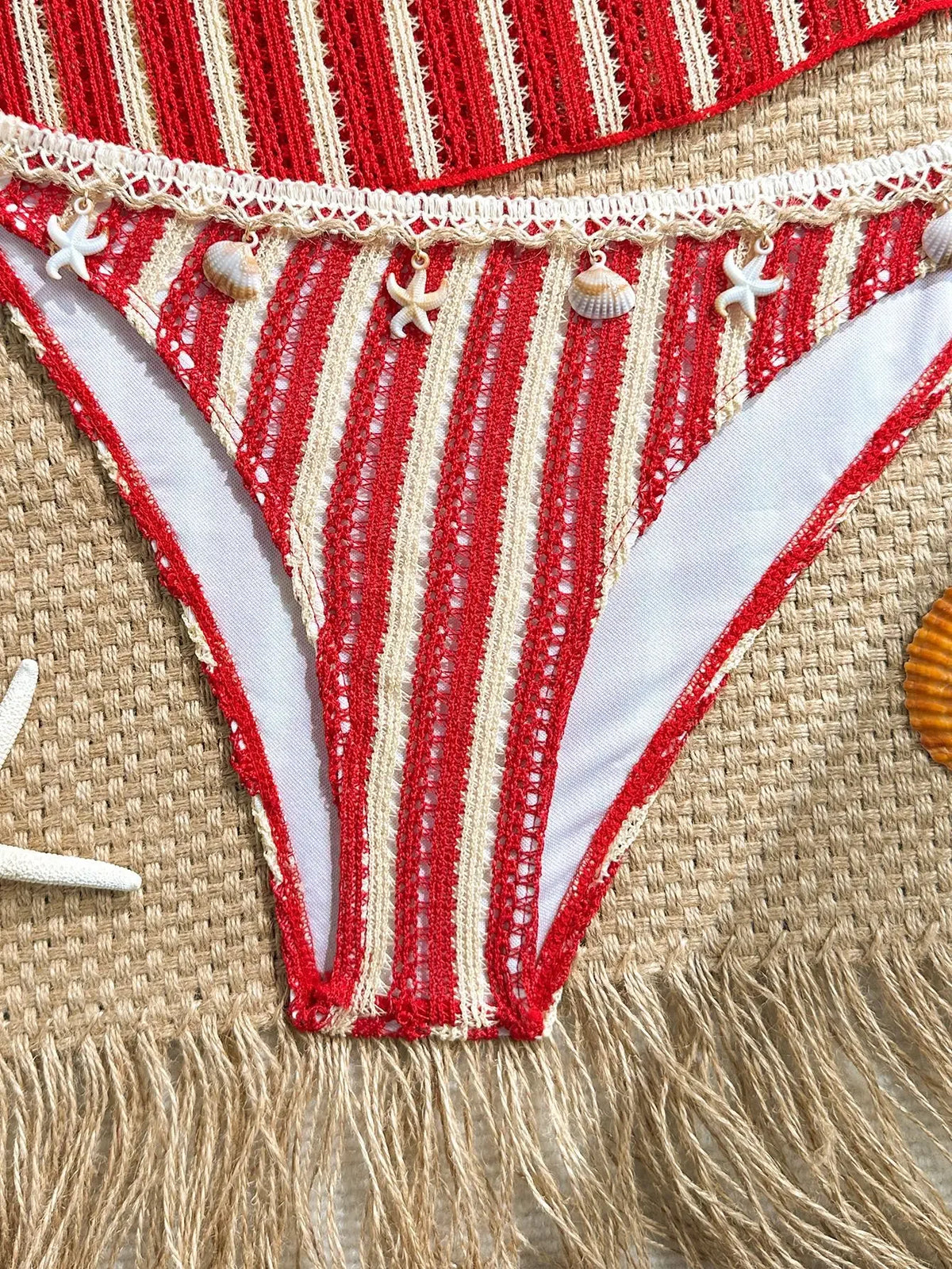 Vintage Red Striped Two Piece Bikini Set 2026 Women Shell Starfish V Neck Top High Waist Swimsuit Beach Bathing Suit Swimwear