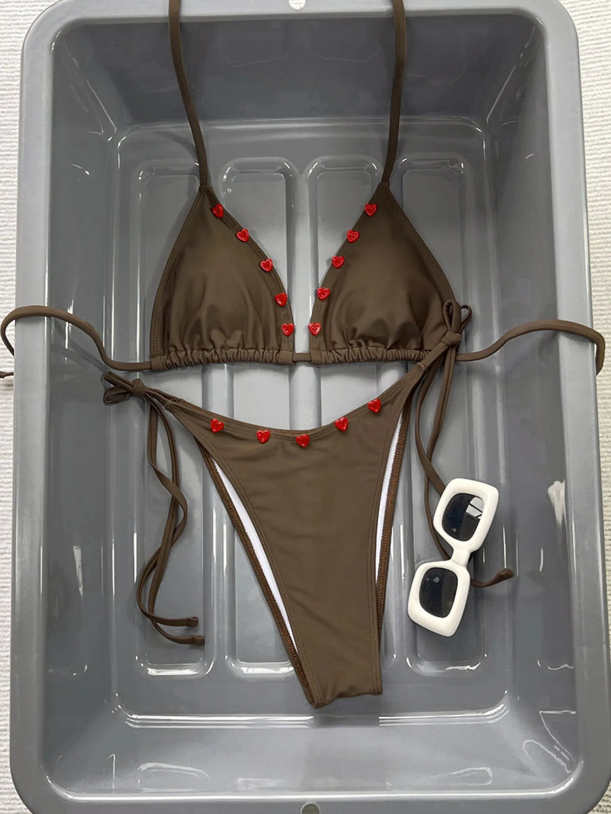 New Coffee Red Contrast Bikini Set 2026 Women Halter Push Up Bra Tie Side Thong Swimsuit Summer Bathing Suit Vacation Swimwear