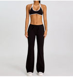 Breathable Yoga Suit for Women Color Contrast Shockproof Sports Bra Drawstring High Waist Pants Gym Running Fitness Suits