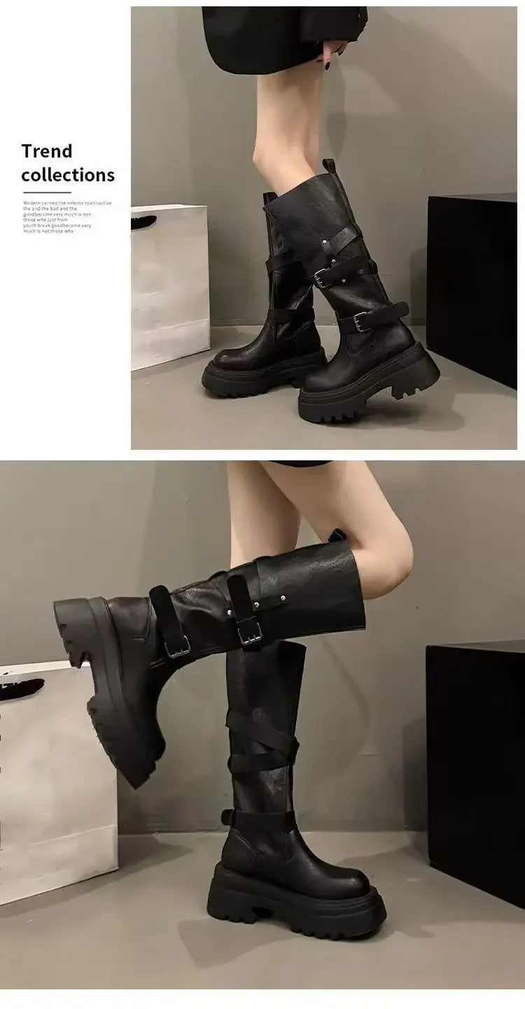 2026 New Vintage Thick Bottom Woman Knee High Boots Fashion Belt Buckle Zippers Shoes Female Knight Long Booties Shoes