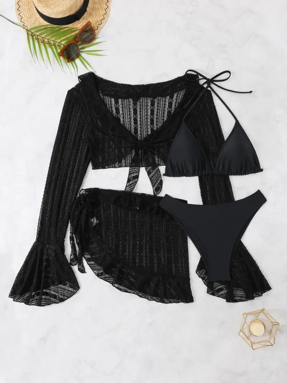 Vintage Swimwear Women Long Sleeve Ruffles Cover Up Skirt 4 Piece Bikini Set 2025 Push Up Beach Bathing Suit High Waist Swimsuit