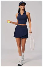 Women's Tracksuit Yoga Set 2 Pieces High Waist Pleate Pocket Skort Fitness Suit Turn Down Collar V Neck Slim Tank Top Sporstwear