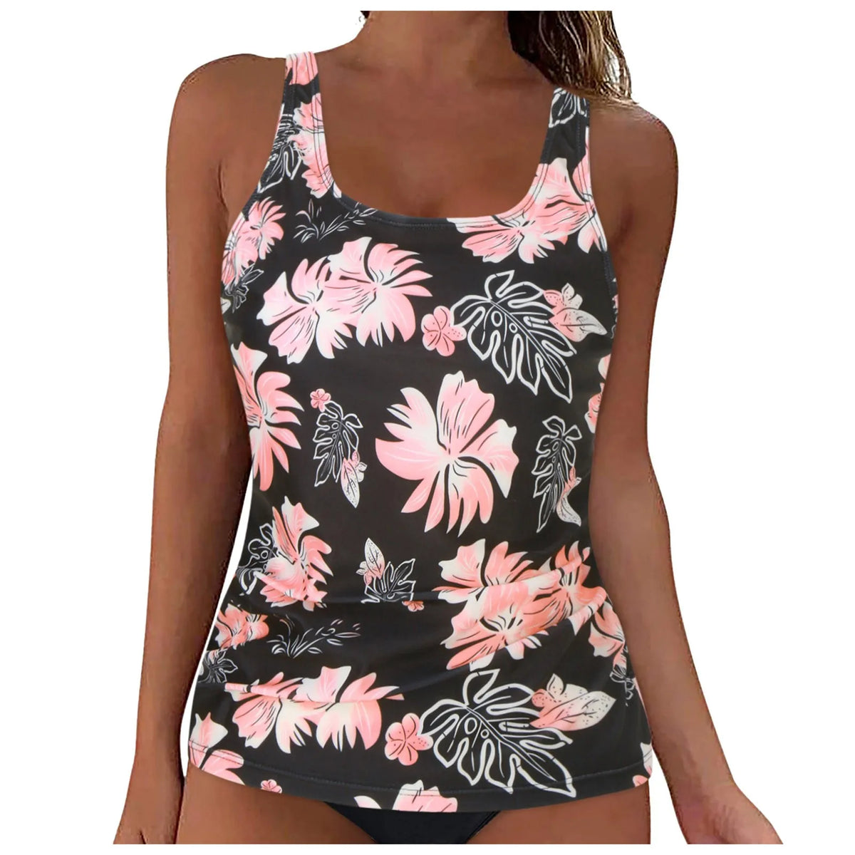 Women Summer Swimwear Loose Fit Scoop Neck Sleeveless Tankini Top Bohemian Tie Dye Print Bathing Suit Padded Swimsuit Top Xxl