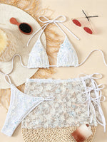 Sexy Shiny Sequin Blue White Bikini Set Women 3D Mesh Flower Cover Up 3 Piece Thong Swimsuit Beach Holiday Bathing Suit Swimwear