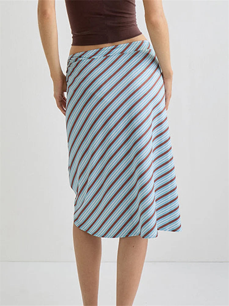 Summer Solid/Stripe/Plaid Midi Skirts for Women Casual Elegant A-Line Skirt for Beach Vacation Streetwear