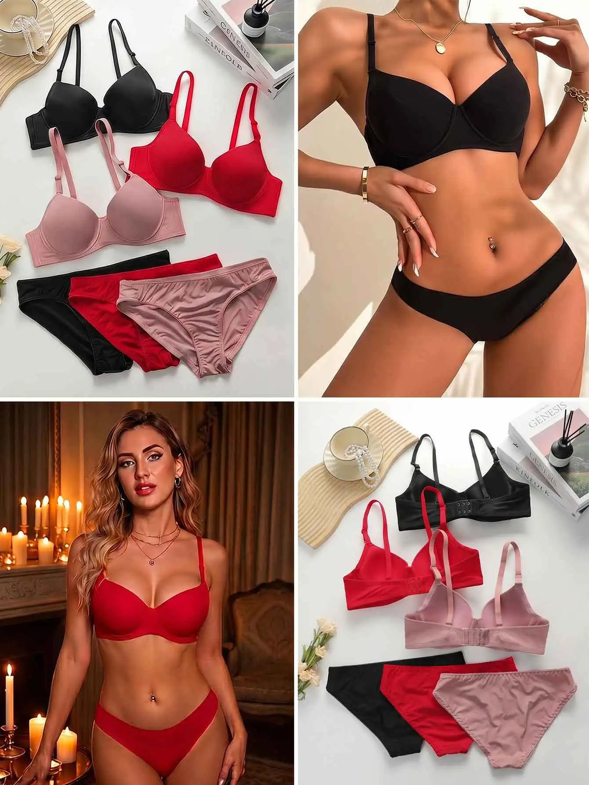3 Set Multi Color Lingerie Set Women's Bra And Panty Set3/4 Cup Push Up Bralette adn Briefs 6 Pcs B6005