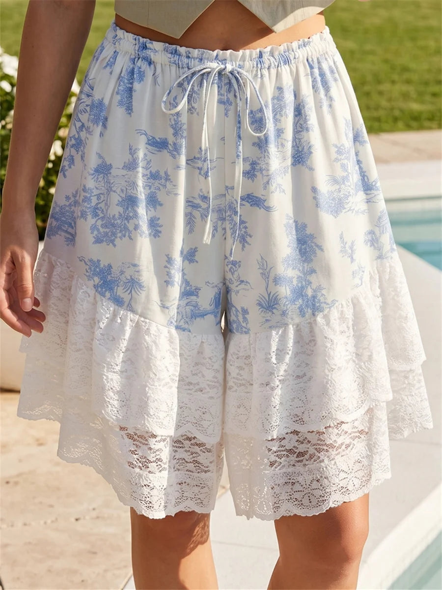 Women's Floral Lace Hem Shorts Drawstring Elastic Waist Wide Leg Knee Length Shorts Daily Loose Casual Lounge Street Mid Pants