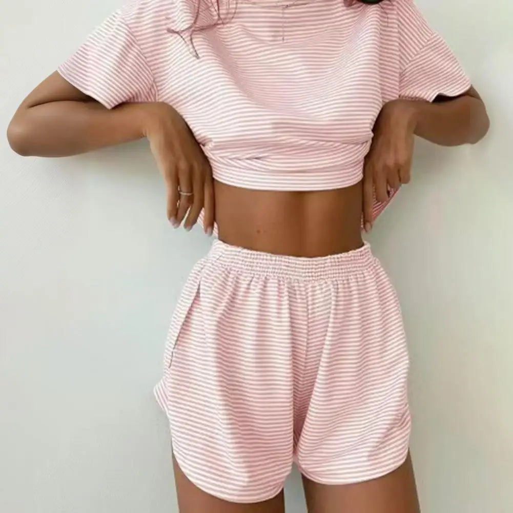 2 Pcs/Set Summer Sleepwear For Women Striped Printed Homewear Top Pants Suit Loose Short Sleeve T-shirt Elastic Waist Shorts