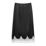 Women Solid Color Satin Long Skirs Elegant Low Waist Lace Patchwork Flowy Summer Skirt for Casual