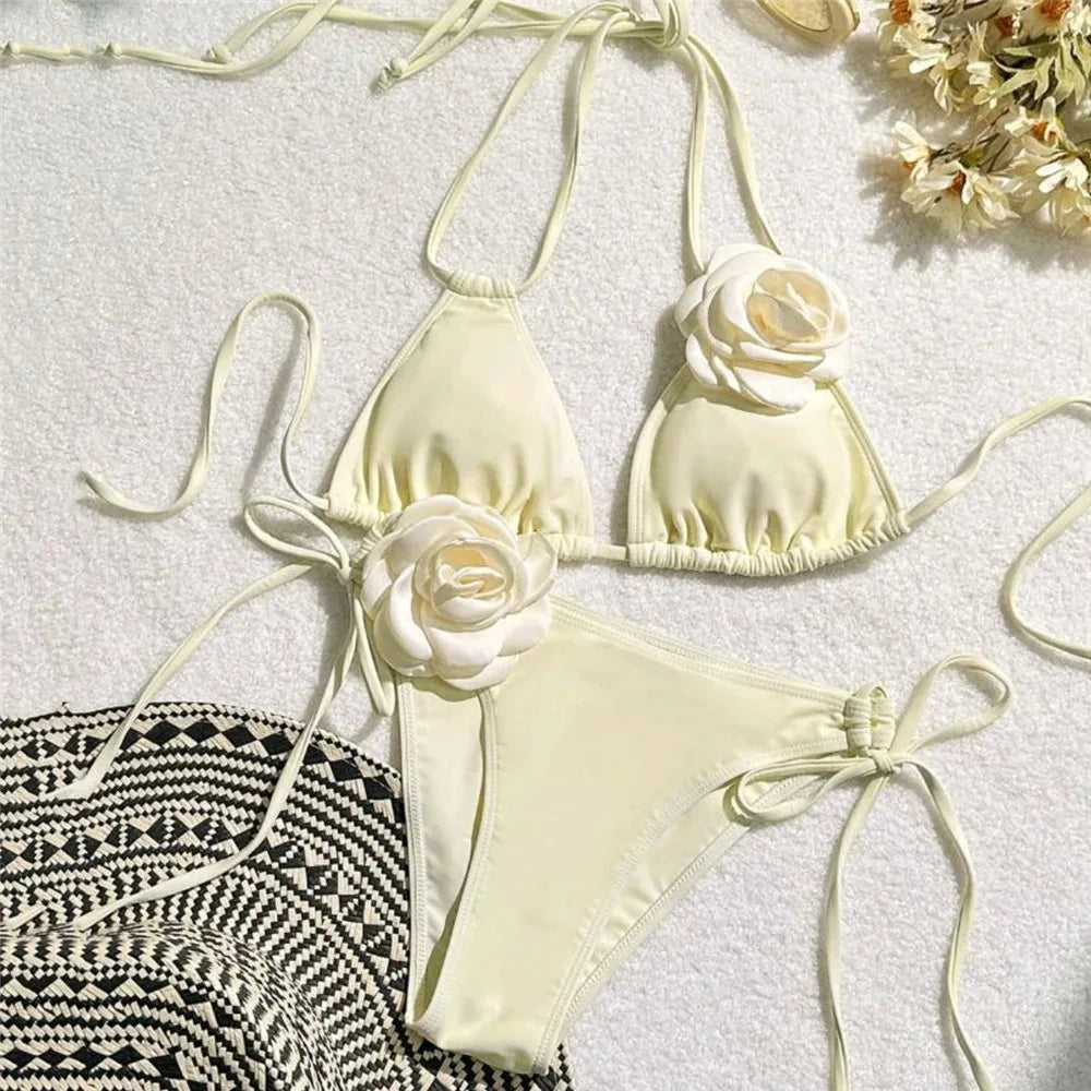 Sexy Flower Bandeau Swimwear Thong Bikini 2026 Women Lace-up Swimsuit Swimming Bathing Suit Brazilian Bikinis Sets Mujer Biquini