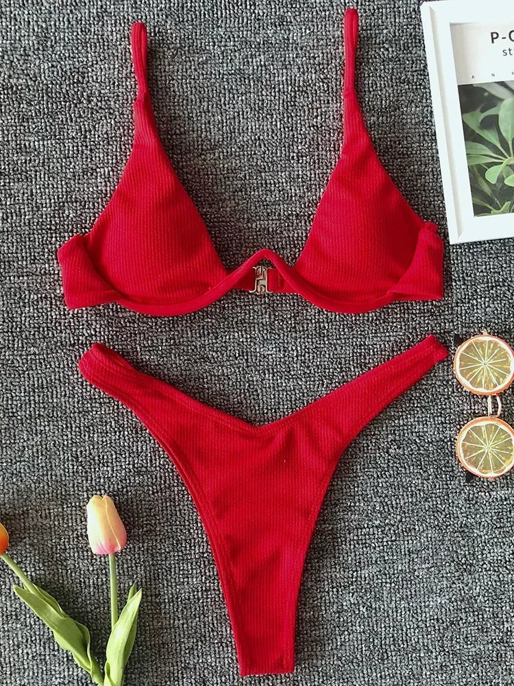 High Cut V-bar Underwired Bikini Women Swimsuit Female Micro Thong Swimwear Two-pieces Bikini Set Push Up Bathing Suit Swim Lady