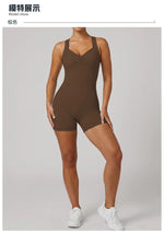 Cross Exposed Back Shaping Nude Yoga Jumpsuit Women Summer Sleeveless Pleate Slim Hip Lifting Short Sport Fitness One Piece Suit