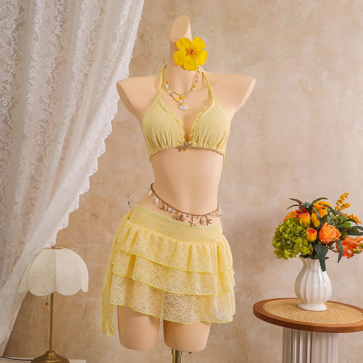 Sexy White Lace Bikini Set 2026 Women Beach Starfish Push Up Bra Swimsuit Holiday Bathing Suit Pleate Cover Up 3 Piece Swimwear