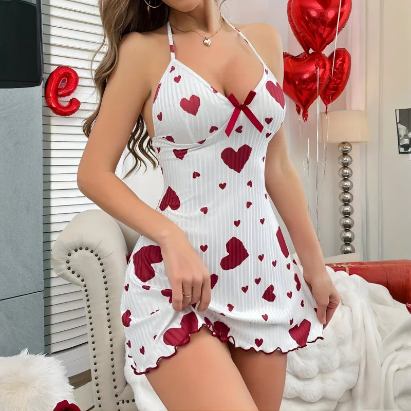 Backless Deep V Neck Nightgown Women White Heart Print Chemise Ribbed Mini Sleepwear Bow Detail Soft Lingerie Dress
