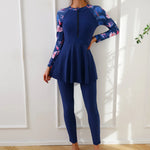 Muslim Swimwear Burkini Sets for Women Black Floral Print Zipper Long Sleeve Top Long Panties Sports Swimsuit Bathing Suit
