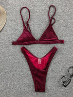 Ribbed Metallic Velvet Bikini Women Swimsuit Female Thong Swimwear Two Pieces Bikini Set High Cut Bathing Suit Swim Beachwear
