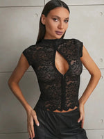Ahagaga Summer Chic Lace Patchwork Tops Tees Sexy Sleeveless High Neck Hollow Out Slim Regular Elegant Club T-Shirt for Ladies