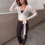 FDYOUI Women's V-neck Long Sleeve Lace T-shirt 2026 Ladies Chic Bandage Lace Tee Shirts Pink Streetwear Girls Slim Crop Tops