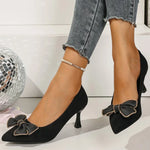 Elegant Crystal Bowknot Pumps Women 2025 Soft Faux Suede Heel Pumps Woman Fashion Pointed Toe Party High Heels Shoes Female