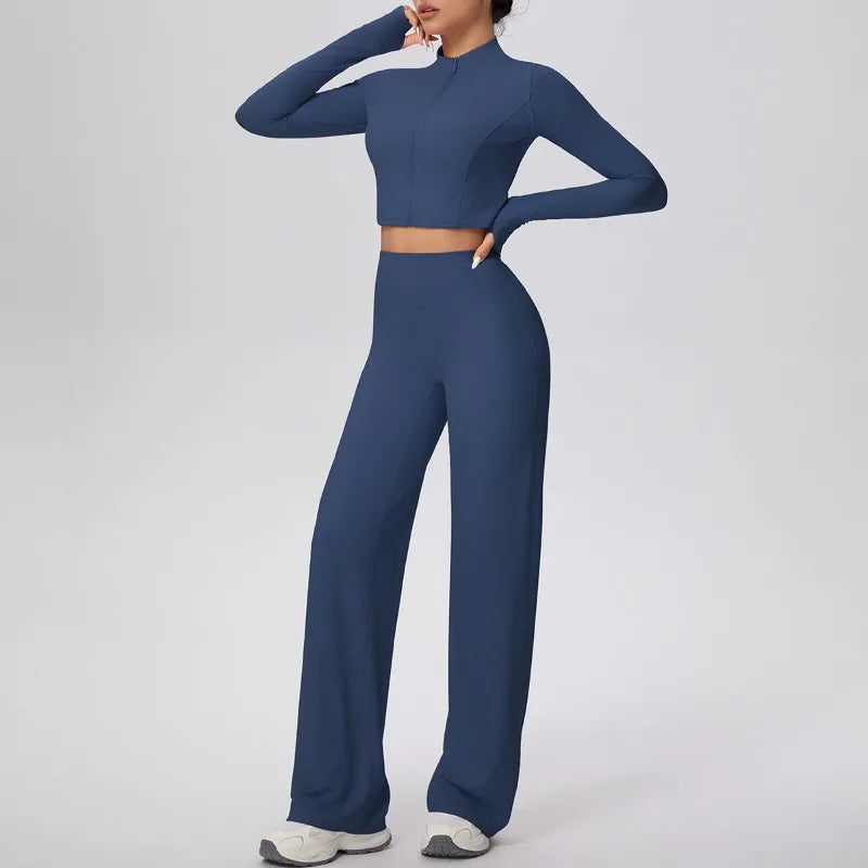 2 Pcs Women's Seamless Yoga Set Long-sleeved Wide-leg Pants Tracksuit Fitness Sports Set High-waisted Hip-lifting Slim-fit Suit