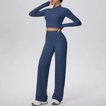 2 Pcs Women's Seamless Yoga Set Long-sleeved Wide-leg Pants Tracksuit Fitness Sports Set High-waisted Hip-lifting Slim-fit Suit