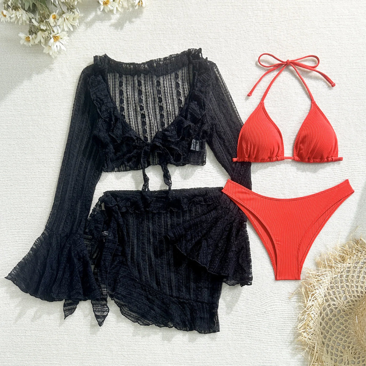 Sexy 4 Pieces Bikinis Sets Women Mesh Long Sleeve Cover Up Beach Skirt Swimwear Holiday Beach Bathing Suit Patchwork Swimsuit
