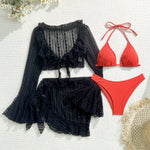Sexy 4 Pieces Bikinis Sets Women Mesh Long Sleeve Cover Up Beach Skirt Swimwear Holiday Beach Bathing Suit Patchwork Swimsuit