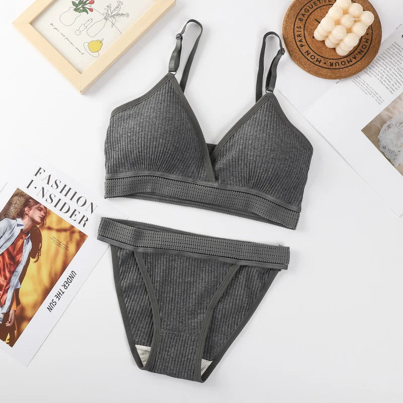 Women Sexy V-neck Padded Bra Lingerie Set Push-Up Bras Low Rise Briefs Non-wire Bralette Brazilian Panties Female Underwear Set