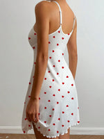 Women’s Heart Print Nightdress Sexy Spaghetti Strap Pajama Dress Sleeveless Lace-Up Cute Slim Fit Sleepwear
