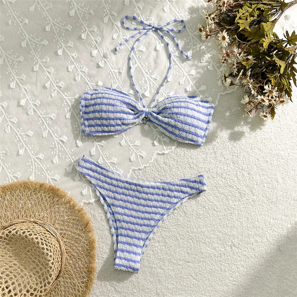 Striped Print String Halter Bandeau Bikinis Sets 2026 Sexy Swimsuit Women Ruched Swimwear Bathing Suit Brazilian Bikini Mujer