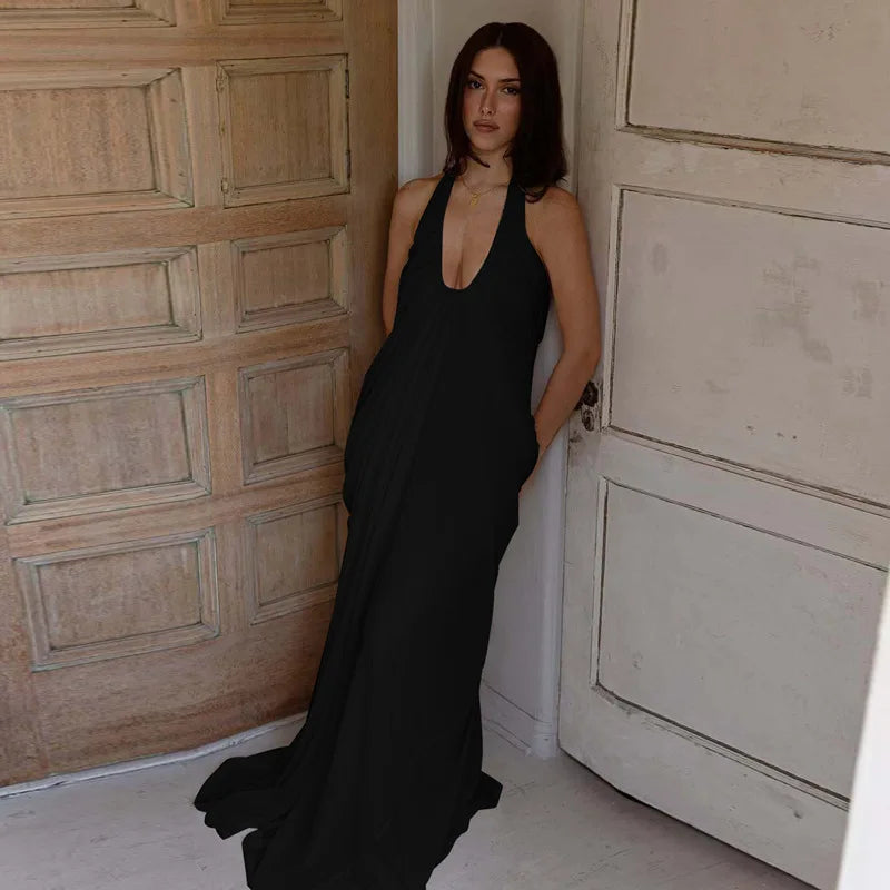 FDYOUI 2026 Summer Backless Ruched White Long Maxi Dress for Woman Elegant Sexy Halter Sleeveless Loose Evening Party Dresses