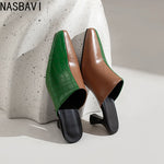NASBAVI New Breathable Hollow Slippers Stone Pattern Leather Pumps Women Chunky Heels Mules Black Dress Shoes Big Size 45 46 47