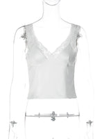 FDYOUI Women Lace Patchwork Backless Camisoles Tank Top 2026 Spring Summer Sexy V-neck Slim Crop Tops White Black Y2K Streetwear