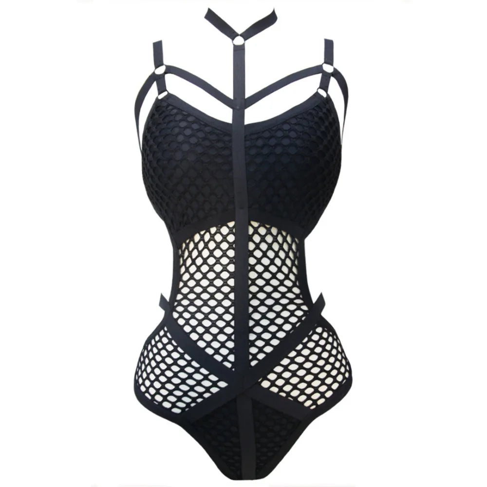 XS - 5XL Plus Size One Piece Swimsuit Female Women Bather Bathing Suit Swim Sheer Knit Fish Net Mesh Large Size Swimwear K536C